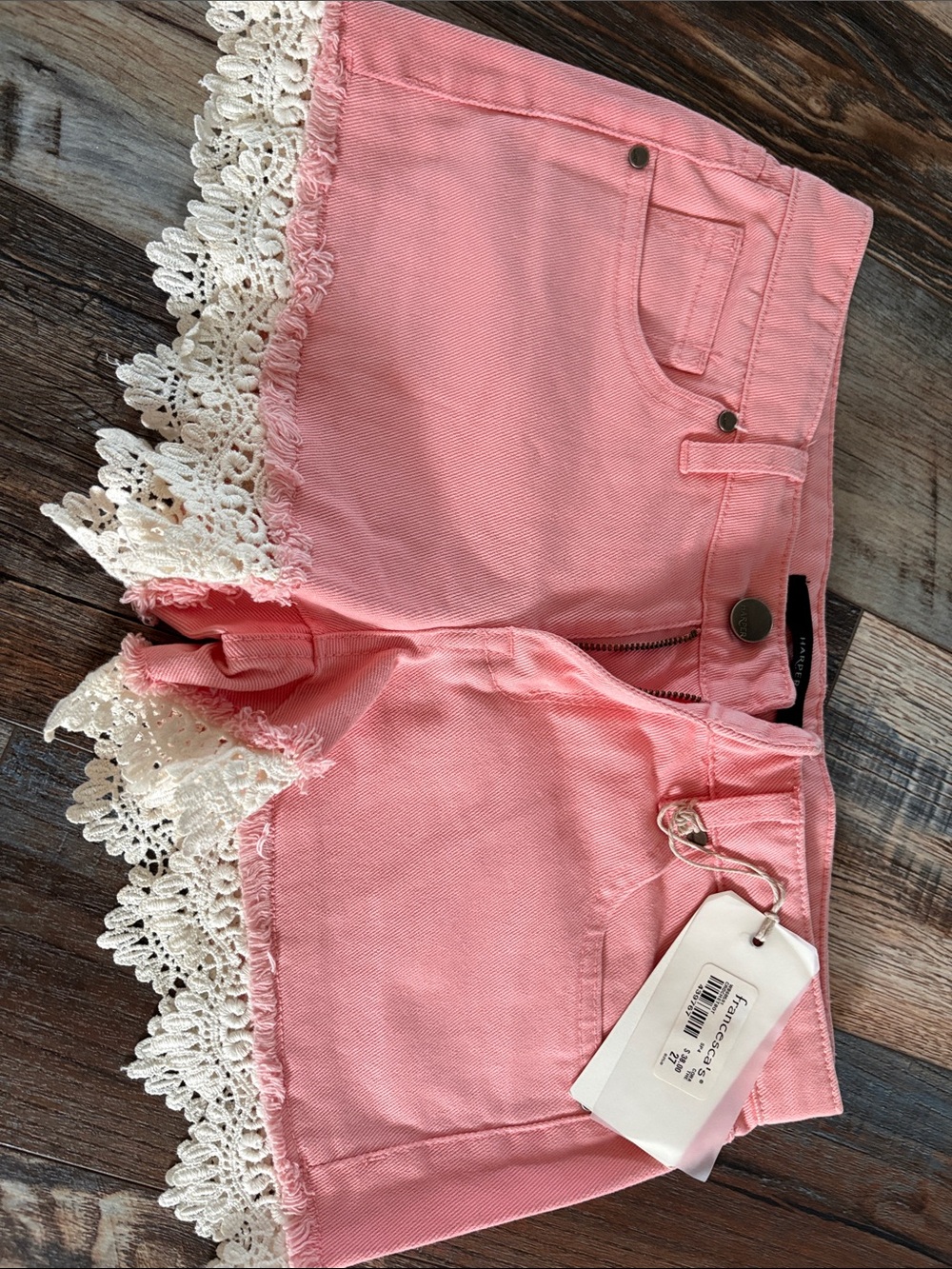 Francesca's Collections Coral Pink Denim Shorts with Cream Lace